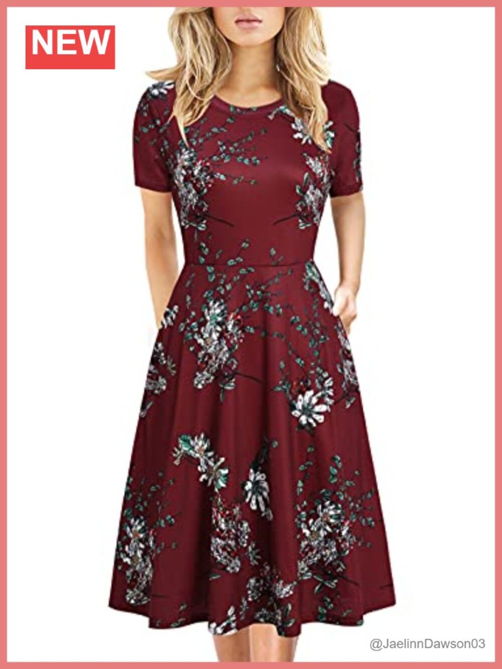 Women's Knee Length A-Line Swing Dress with Pockets Floral Print Short Sleeve